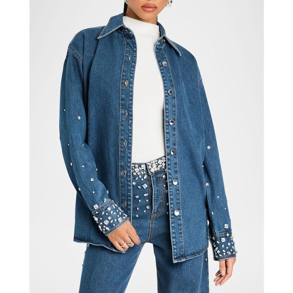 Retrofete Women's Crystal Embellished Diletta Crystal Shacket Shirt Size L NEW